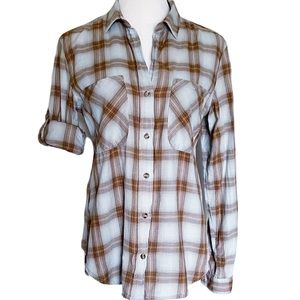 BELLA DAHL REVOLVE ANTHROPOLOGIE Oversized Gray Brown Plaid Long Sleeve Button …